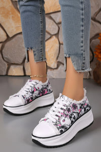 Elegant Floral Printed Lace Up Sneakers - Trendy Round Toe Flats 5