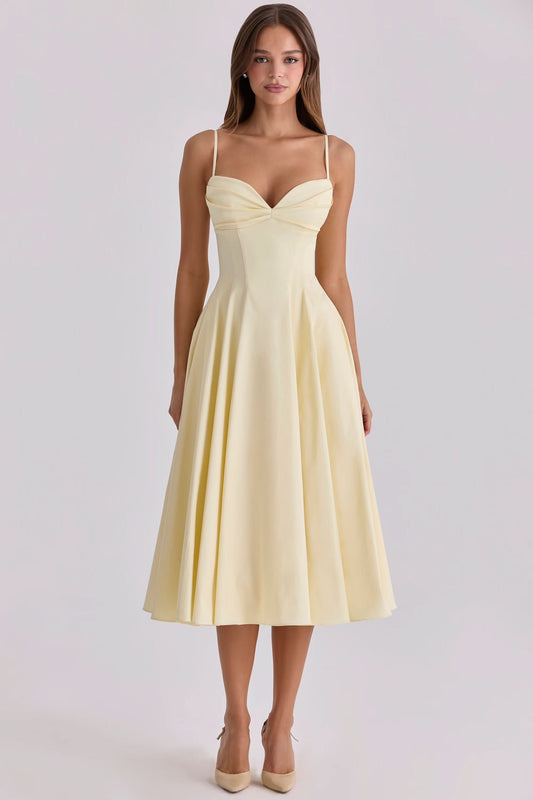 Elegant Gathered Bust Midi Dress - Soft Pima Cotton Summer Dress with Pockets 0