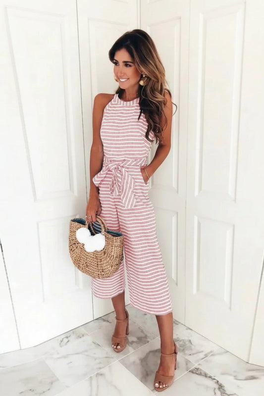 Elegant Halter Neck Striped Jumpsuit with Belted Waist 0