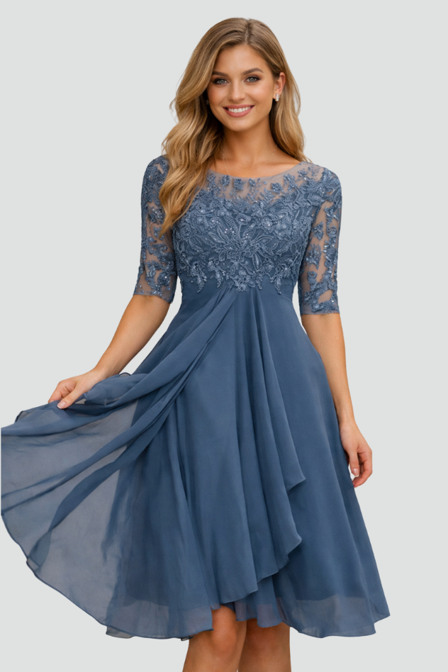 Elegant Lace Midi Dress - Three-Quarter Sleeve Wedding Guest & Cocktail Dress 0