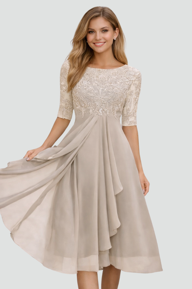Elegant Lace Midi Dress - Three-Quarter Sleeve Wedding Guest & Cocktail Dress 1