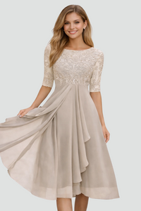Elegant Lace Midi Dress - Three-Quarter Sleeve Wedding Guest & Cocktail Dress 1