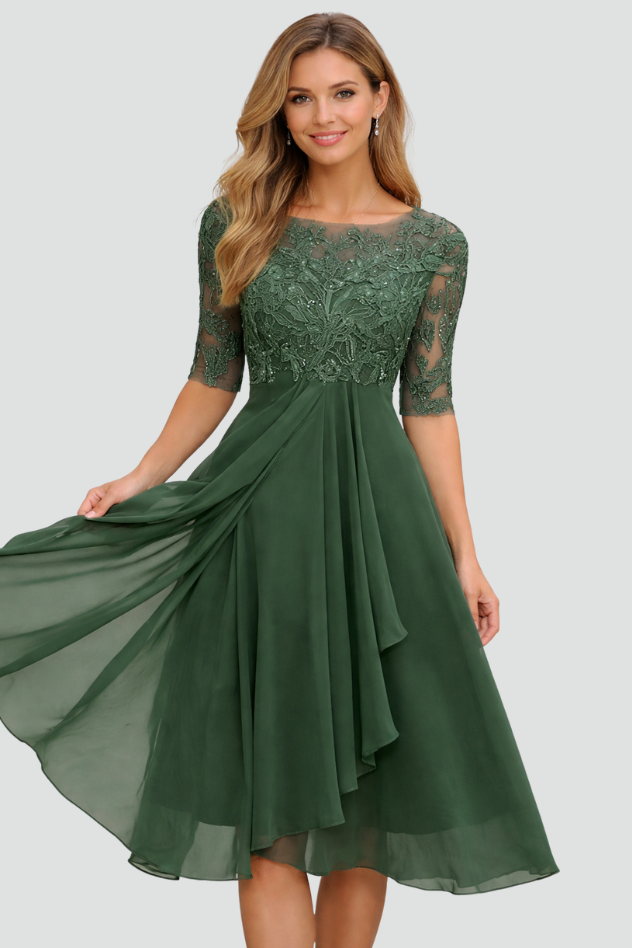 Elegant Lace Midi Dress - Three-Quarter Sleeve Wedding Guest & Cocktail Dress 2