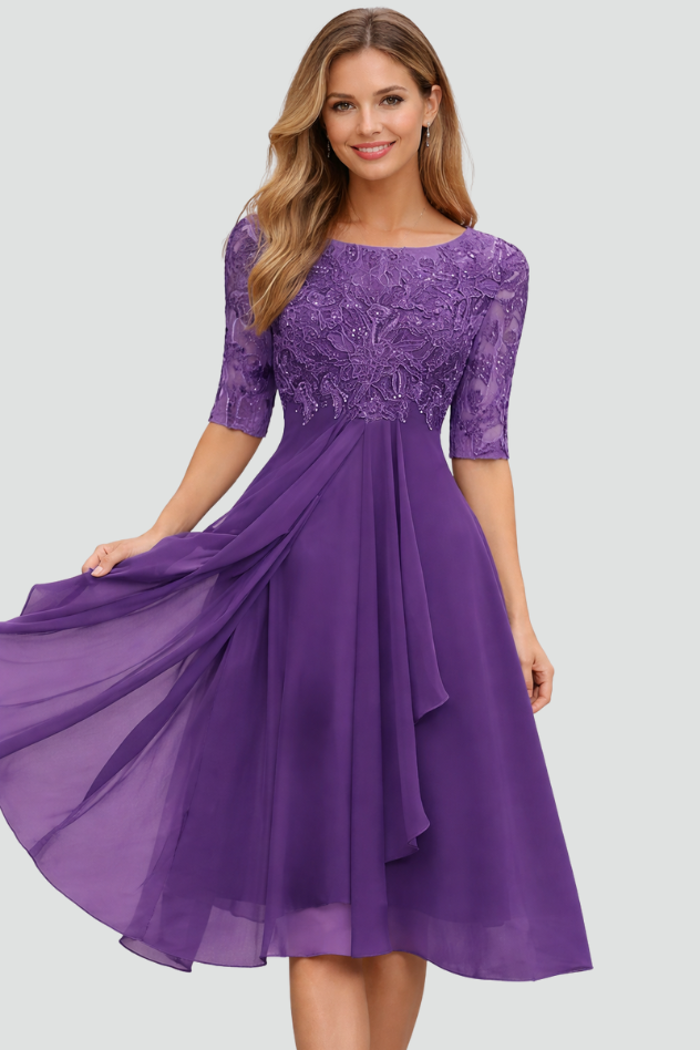 Elegant Lace Midi Dress - Three-Quarter Sleeve Wedding Guest & Cocktail Dress 3