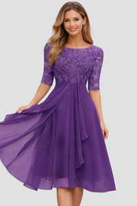 Elegant Lace Midi Dress - Three-Quarter Sleeve Wedding Guest & Cocktail Dress 3