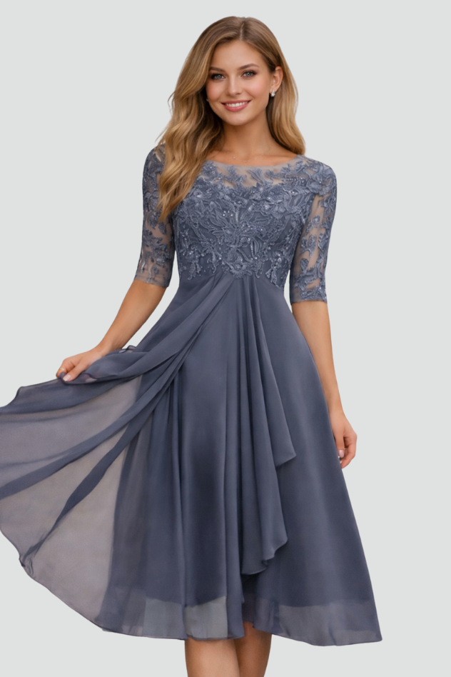Elegant Lace Midi Dress - Three-Quarter Sleeve Wedding Guest & Cocktail Dress 4