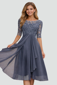 Elegant Lace Midi Dress - Three-Quarter Sleeve Wedding Guest & Cocktail Dress 4