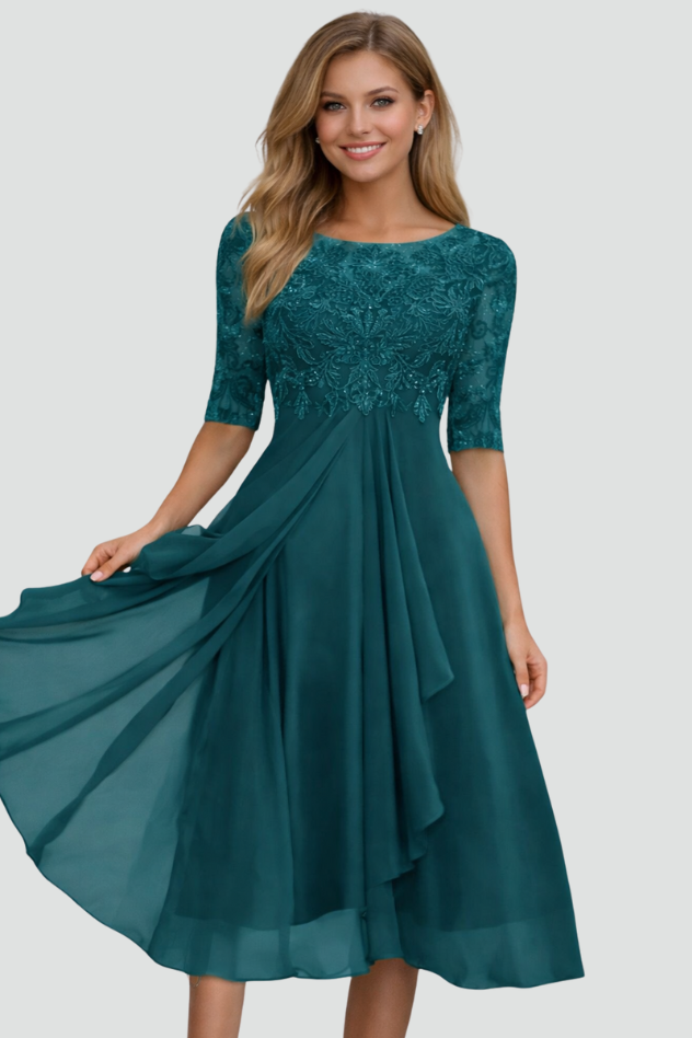 Elegant Lace Midi Dress - Three-Quarter Sleeve Wedding Guest & Cocktail Dress 5