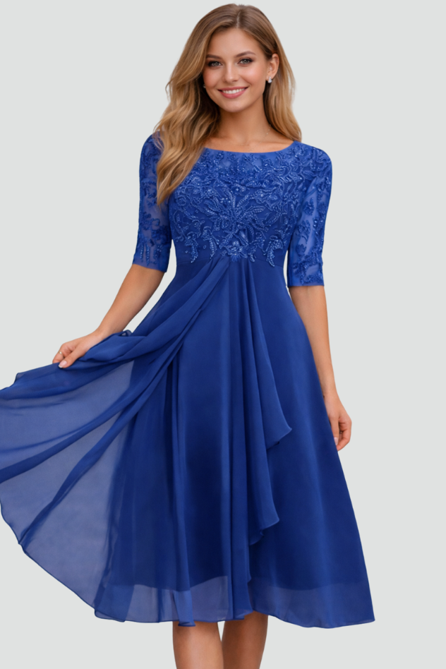 Elegant Lace Midi Dress - Three-Quarter Sleeve Wedding Guest & Cocktail Dress 6