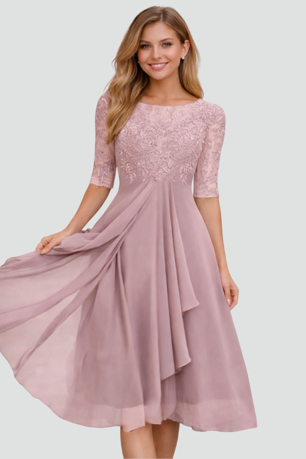 Elegant Lace Midi Dress - Three-Quarter Sleeve Wedding Guest & Cocktail Dress 7