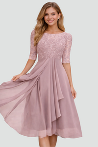 Elegant Lace Midi Dress - Three-Quarter Sleeve Wedding Guest & Cocktail Dress 7