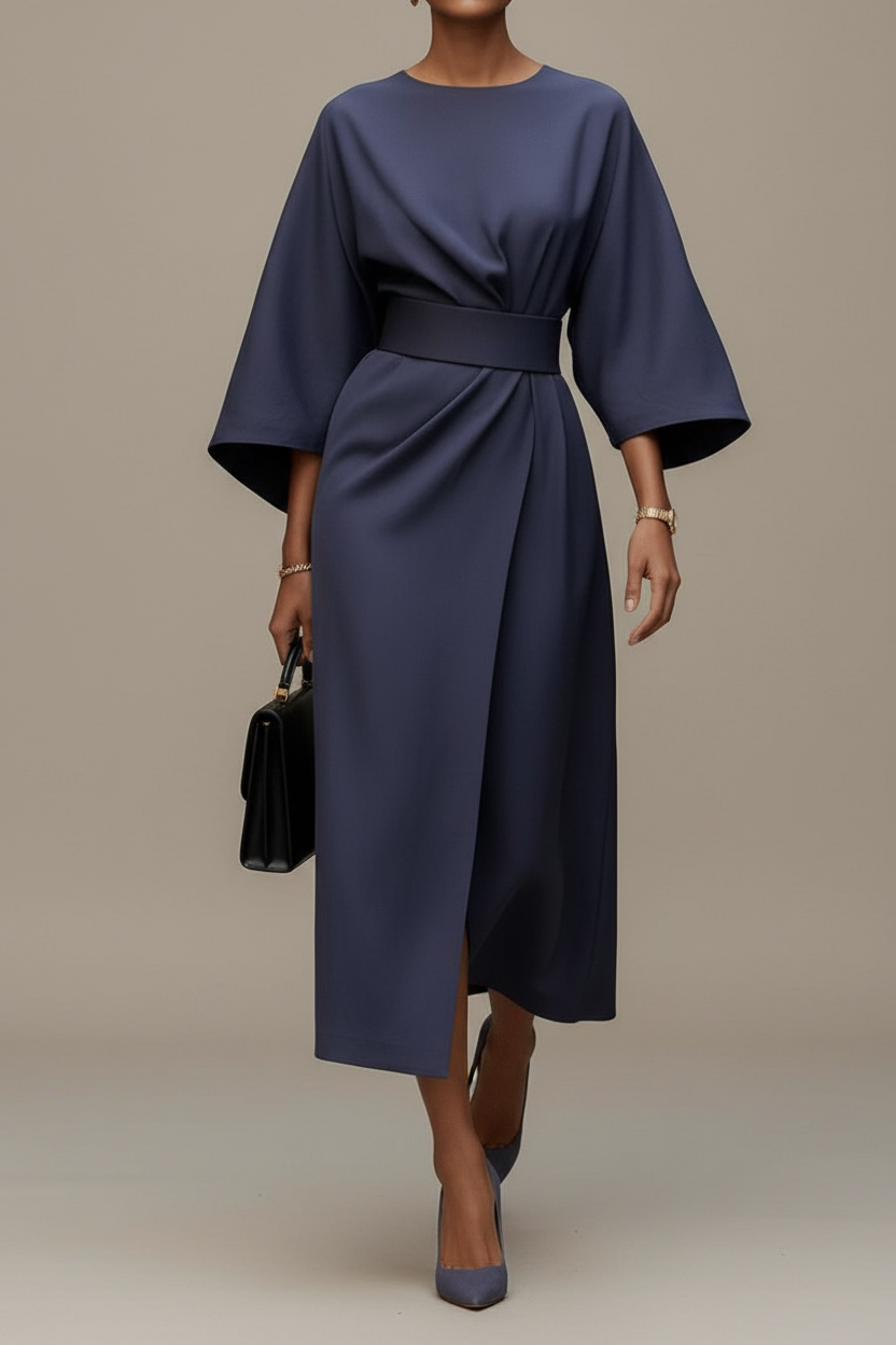 Elegant Lantern Sleeve Formal Dress with Waist-Cinching Belt 0
