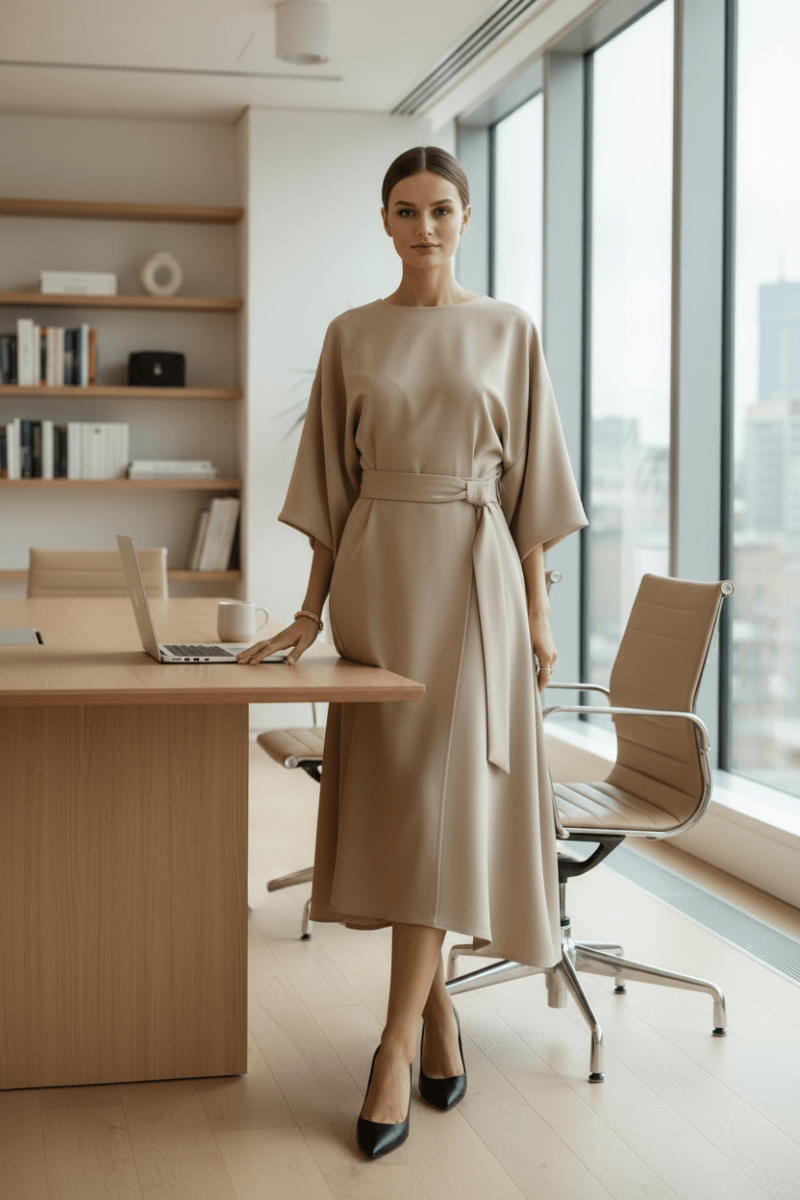 Elegant Lantern Sleeve Formal Dress with Waist-Cinching Belt 3