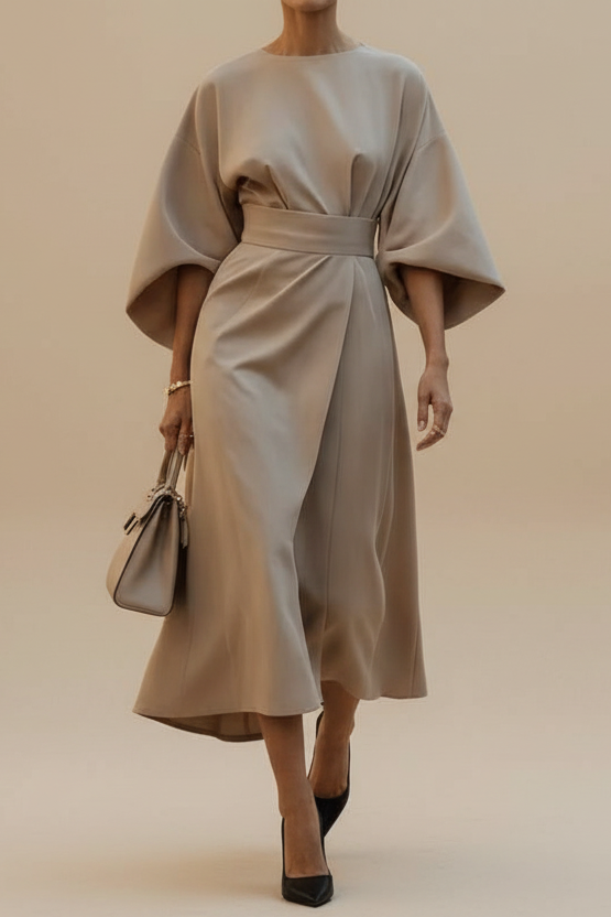 Elegant Lantern Sleeve Formal Dress with Waist-Cinching Belt 4