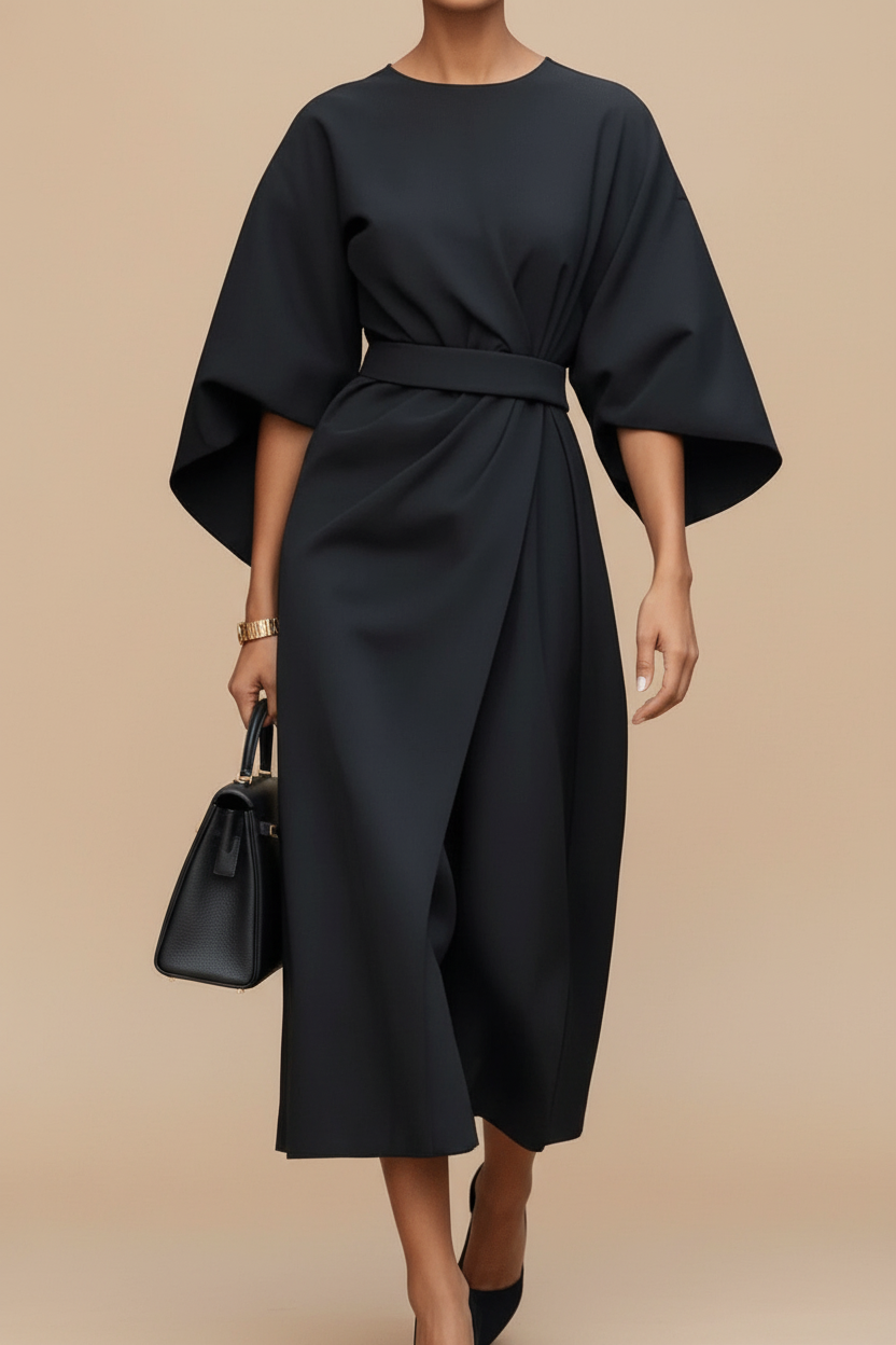 Elegant Lantern Sleeve Formal Dress with Waist-Cinching Belt 5