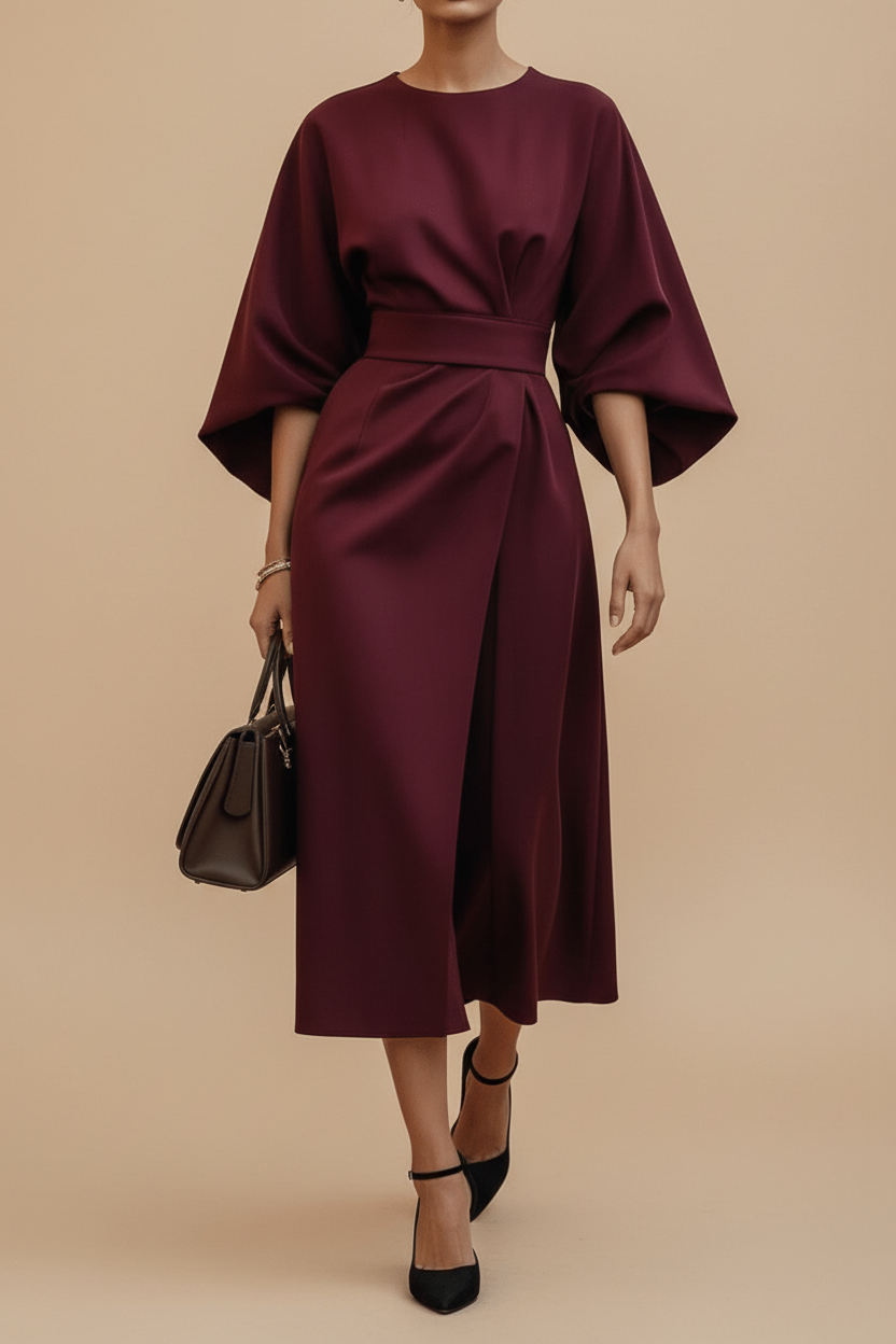Elegant Lantern Sleeve Formal Dress with Waist-Cinching Belt 6