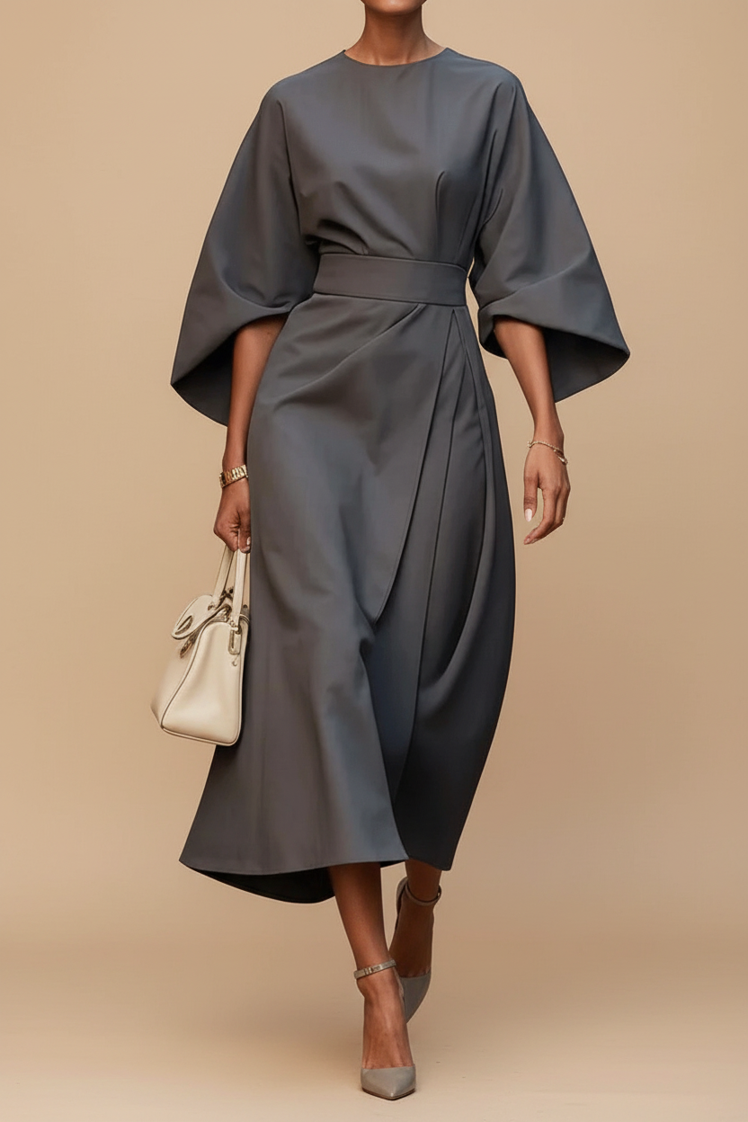 Elegant Lantern Sleeve Formal Dress with Waist-Cinching Belt 7