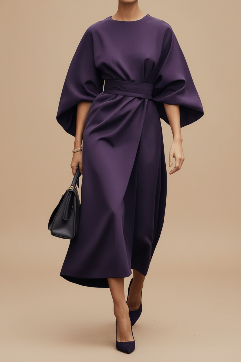 Elegant Lantern Sleeve Formal Dress with Waist-Cinching Belt 8