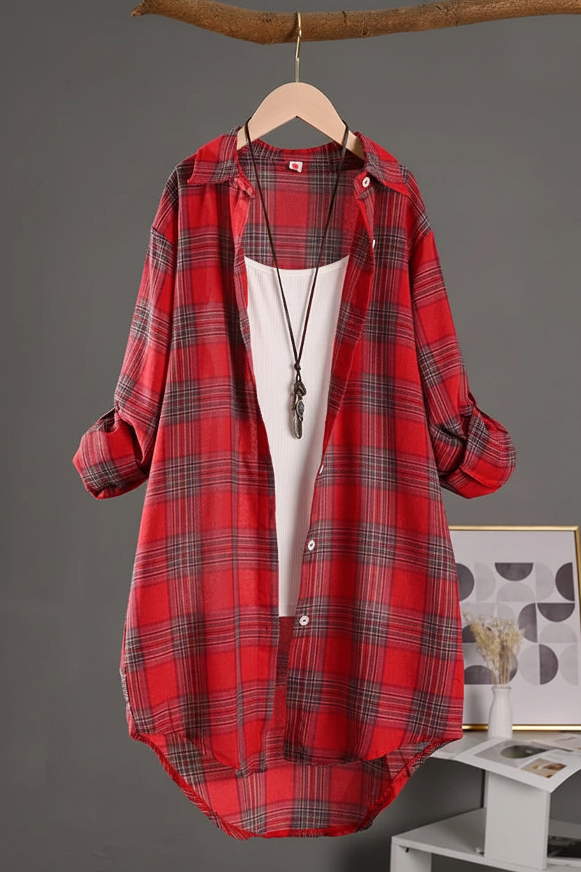Elegant Linen Women's Blouse - Vintage Check Long Sleeve Buttoned Top 0