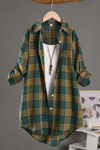 Elegant Linen Women's Blouse - Vintage Check Long Sleeve Buttoned Top 2