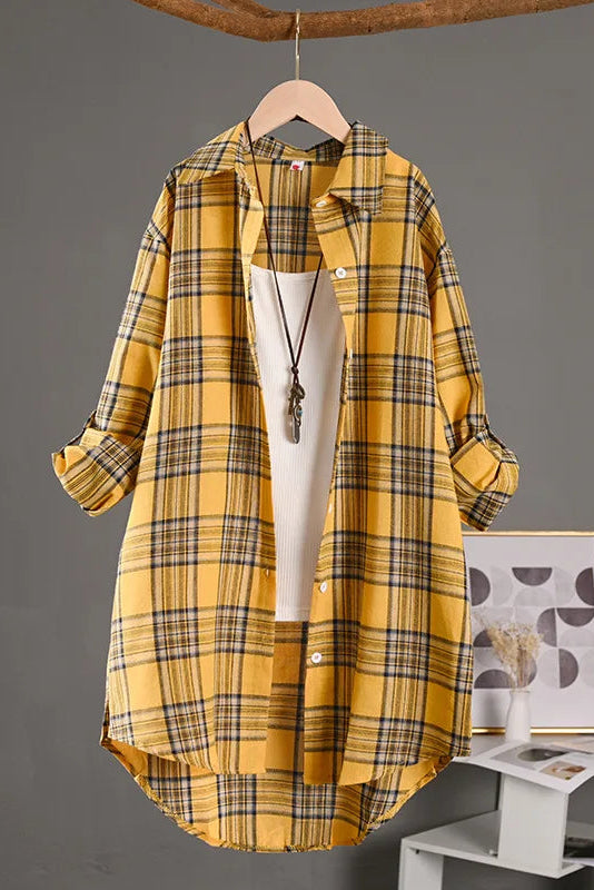 Elegant Linen Women's Blouse - Vintage Check Long Sleeve Buttoned Top 3
