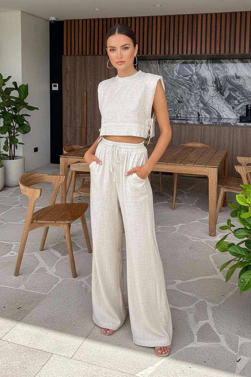 Elegant Linen Women's Set - Stylish Two Piece Crop Top & Pants 0