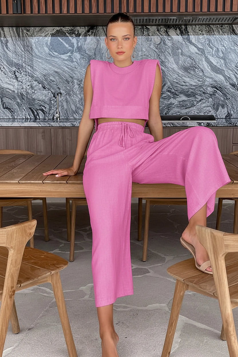 Elegant Linen Women's Set - Stylish Two Piece Crop Top & Pants 10