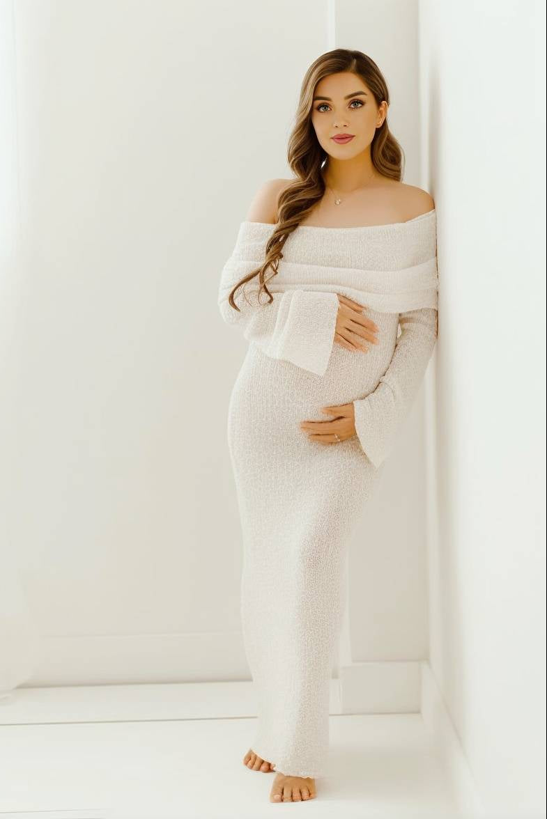 Elegant Maternity Dress - Off-Shoulder Long Sleeve for Baby Showers & Photoshoots 0