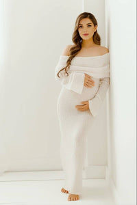 Elegant Maternity Dress - Off-Shoulder Long Sleeve for Baby Showers & Photoshoots 0