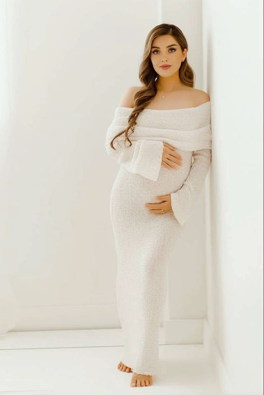 Elegant Maternity Dress - Off-Shoulder Long Sleeve for Baby Showers & Photoshoots 0