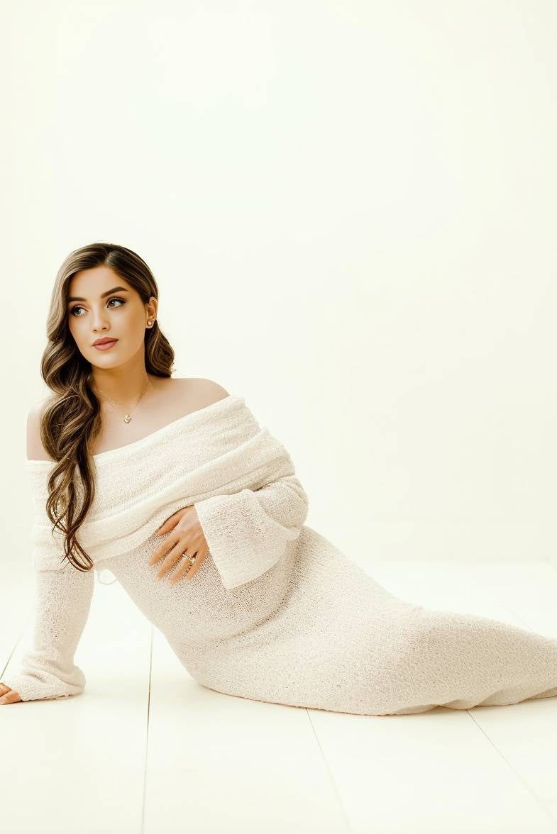 Elegant Maternity Dress - Off-Shoulder Long Sleeve for Baby Showers & Photoshoots 3