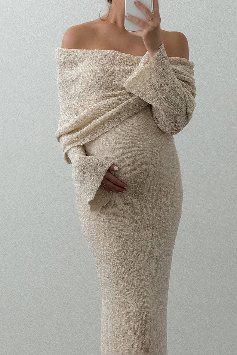Elegant Maternity Dress - Off-Shoulder Long Sleeve for Baby Showers & Photoshoots 6