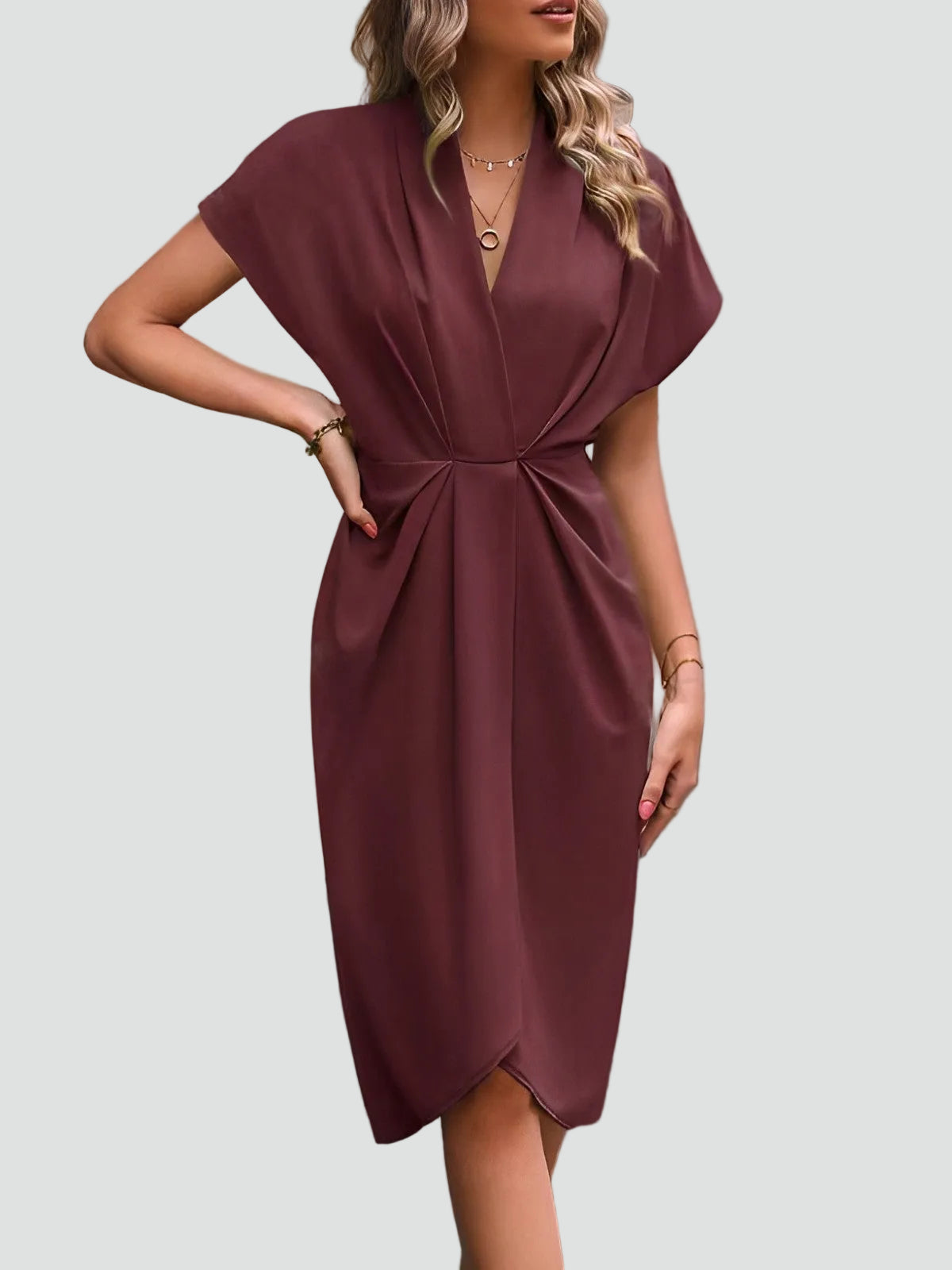 Elegant Midi Wrap Dress - Flattering V-Neck Cocktail Dress for Special Events 10