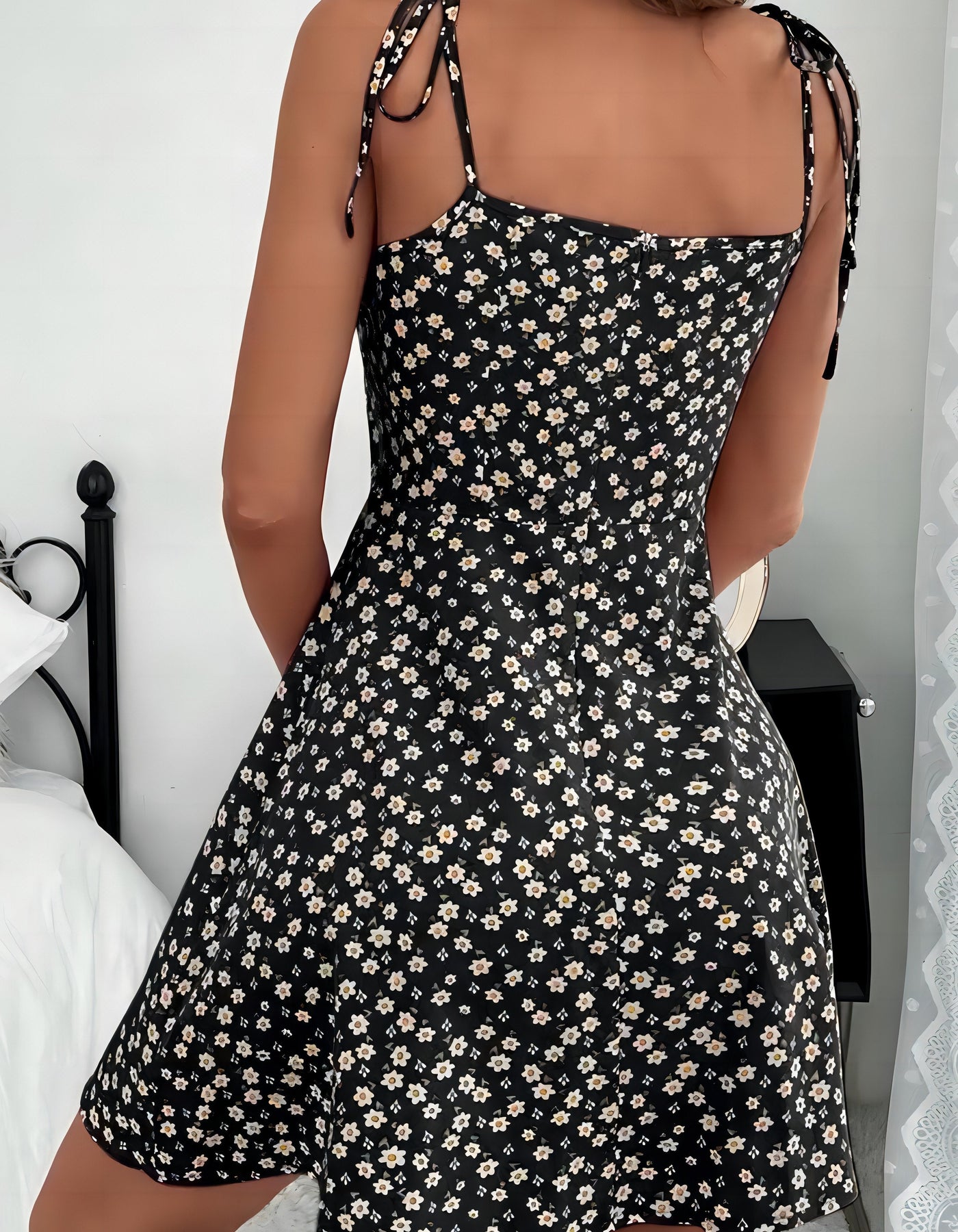 Elegant Mini Summer Dress - Floral Pattern, Lightweight Fabric, Narrow Straps 4