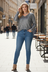 Elegant Plus Size Glitter Top with V-Neck Design for Stylish Occasions 0