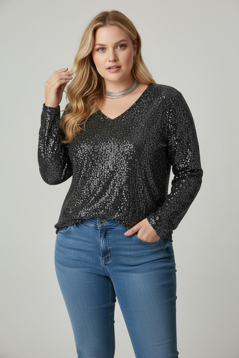 Elegant Plus Size Glitter Top with V-Neck Design for Stylish Occasions 1
