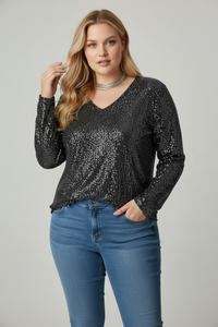 Elegant Plus Size Glitter Top with V-Neck Design for Stylish Occasions 1