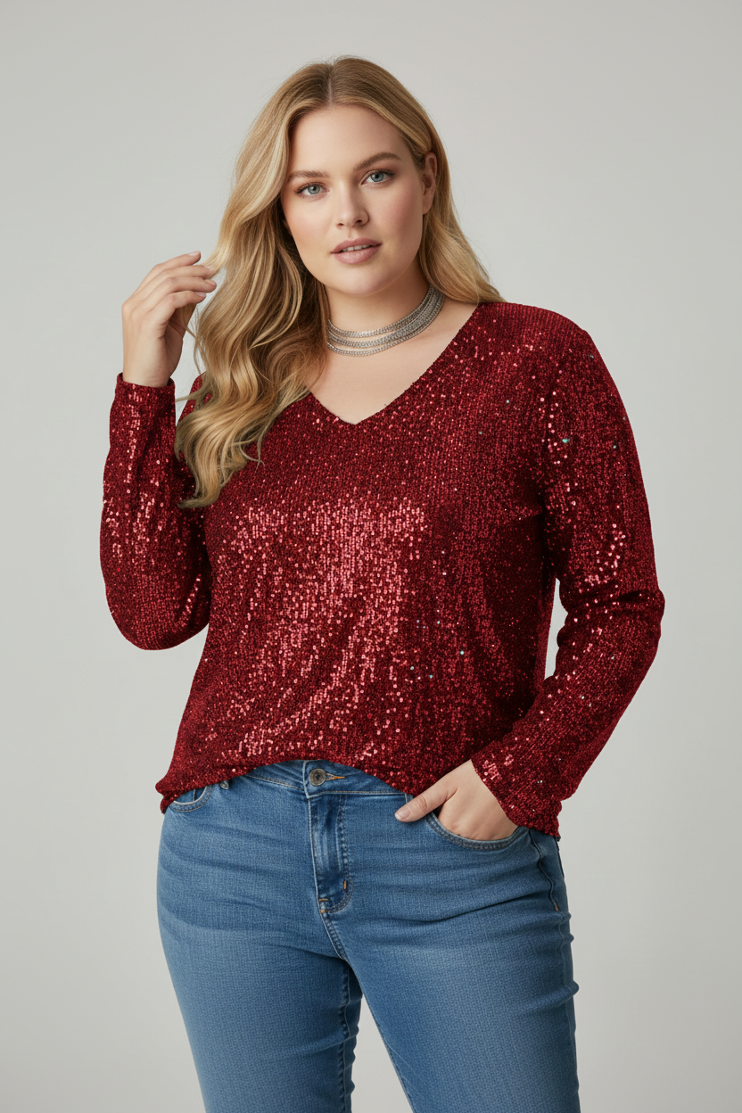 Elegant Plus Size Glitter Top with V-Neck Design for Stylish Occasions 3
