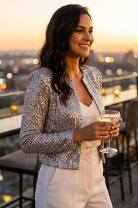 Elegant Short Sequin Blazer - Open Front Tailored Fit for Stylish Events 3
