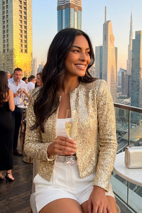 Elegant Short Sequin Blazer - Open Front Tailored Fit for Stylish Events 5