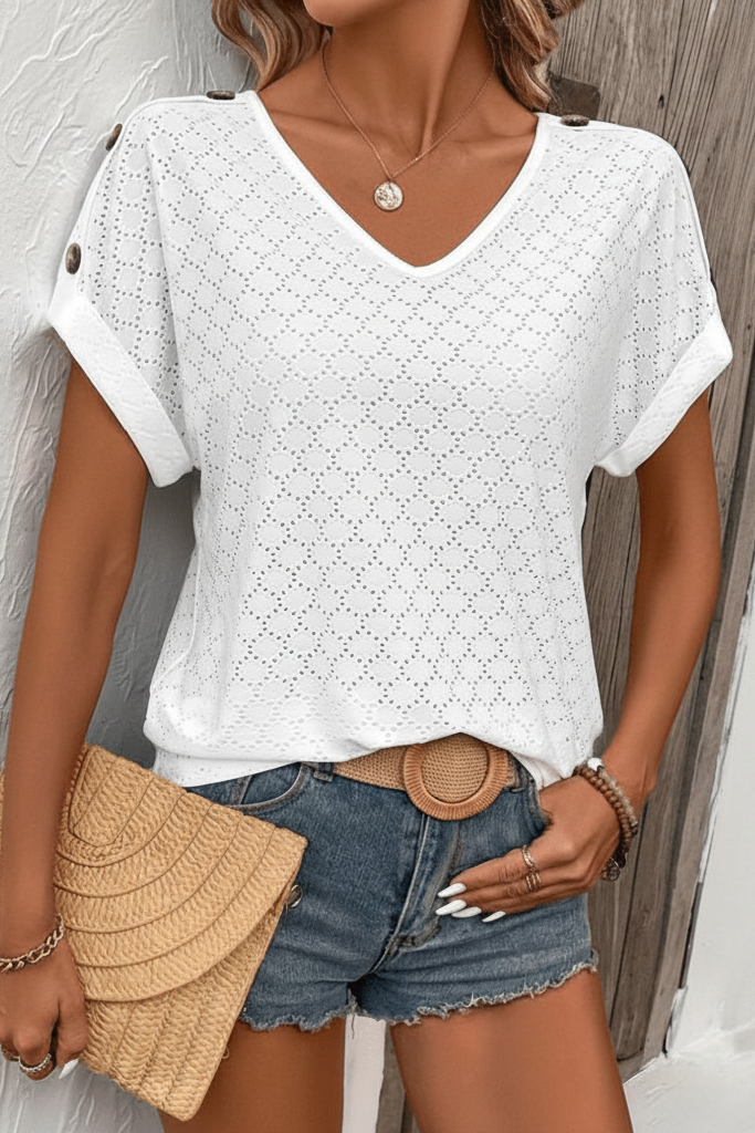 Elegant V-Neck T-Shirt with Shank Button Detail for Versatile Style 0