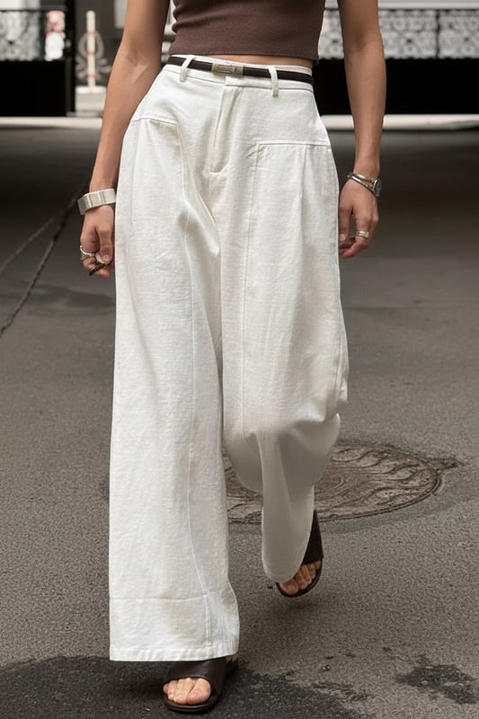 Elegant White Linen Wide Leg Pants for Women - High Waist Palazzo Trousers 0