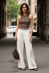 Elegant White Linen Wide Leg Pants for Women - High Waist Palazzo Trousers 1