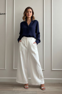 Elegant White Linen Wide Leg Pants for Women - High Waist Palazzo Trousers 2