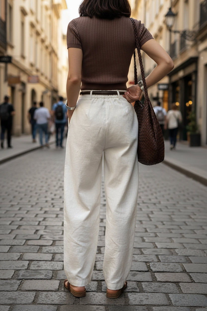 Elegant White Linen Wide Leg Pants for Women - High Waist Palazzo Trousers 4