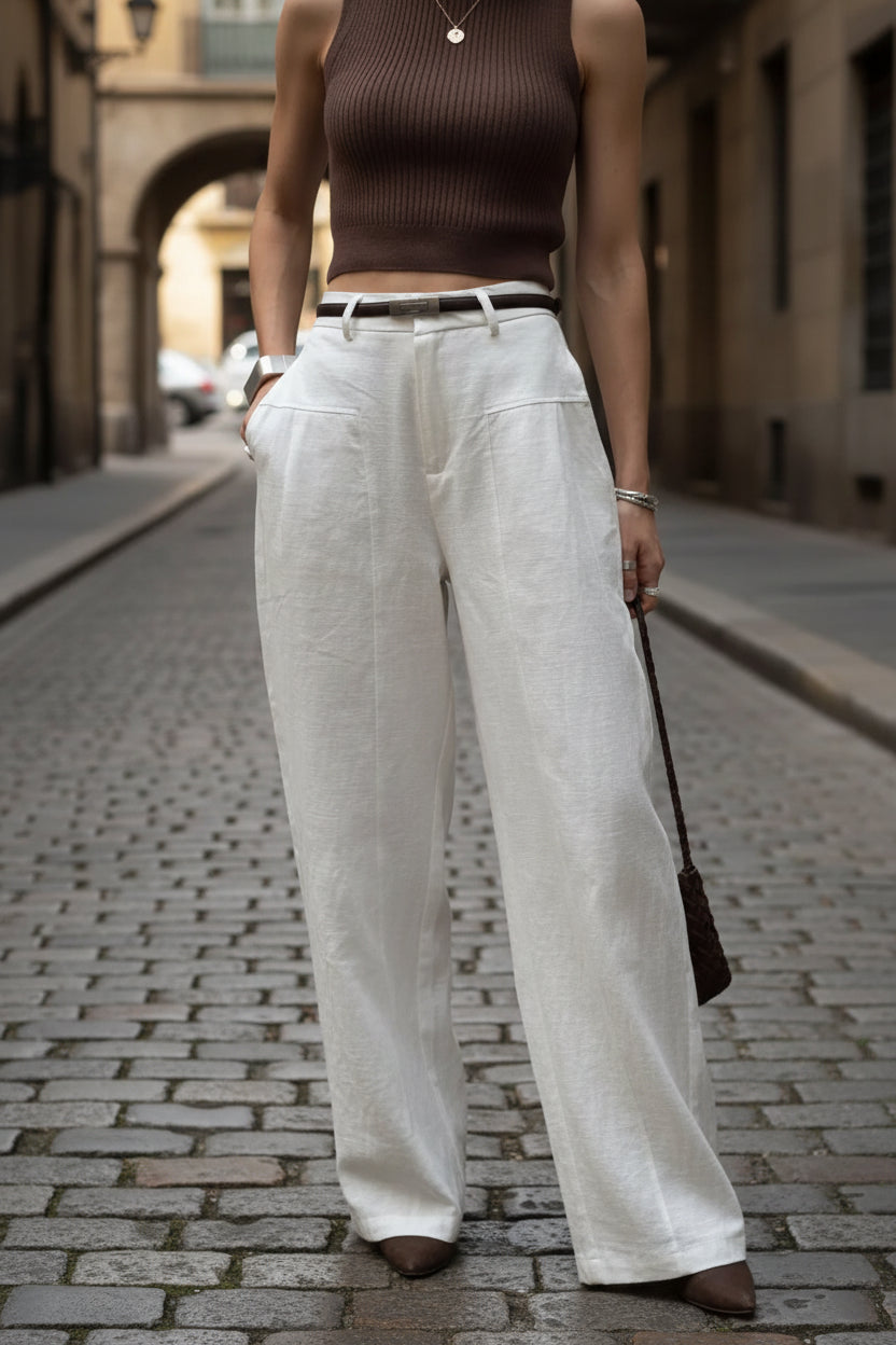 Elegant White Linen Wide Leg Pants for Women - High Waist Palazzo Trousers 5