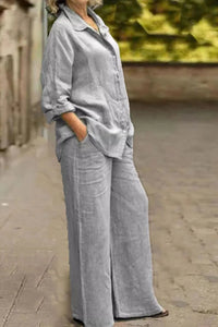 Elegant Women's Cotton Linen Loungewear Set - 2-Piece Long Sleeve & Wide Leg Trousers 12