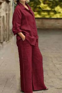 Elegant Women's Cotton Linen Loungewear Set - 2-Piece Long Sleeve & Wide Leg Trousers 13