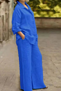 Elegant Women's Cotton Linen Loungewear Set - 2-Piece Long Sleeve & Wide Leg Trousers 5