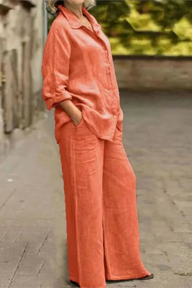 Elegant Women's Cotton Linen Loungewear Set - 2-Piece Long Sleeve & Wide Leg Trousers 7